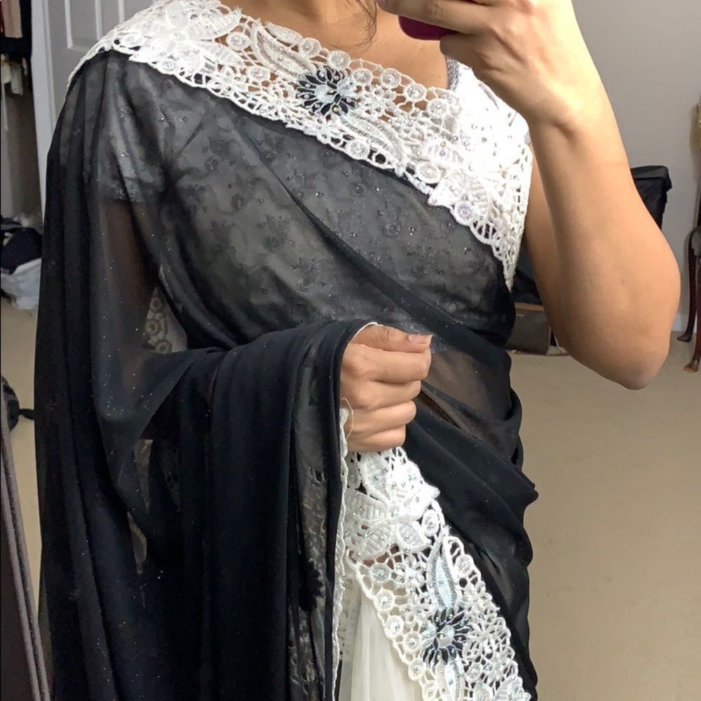 Black and white shimmer net heavy work saree - Picture 4 of 7